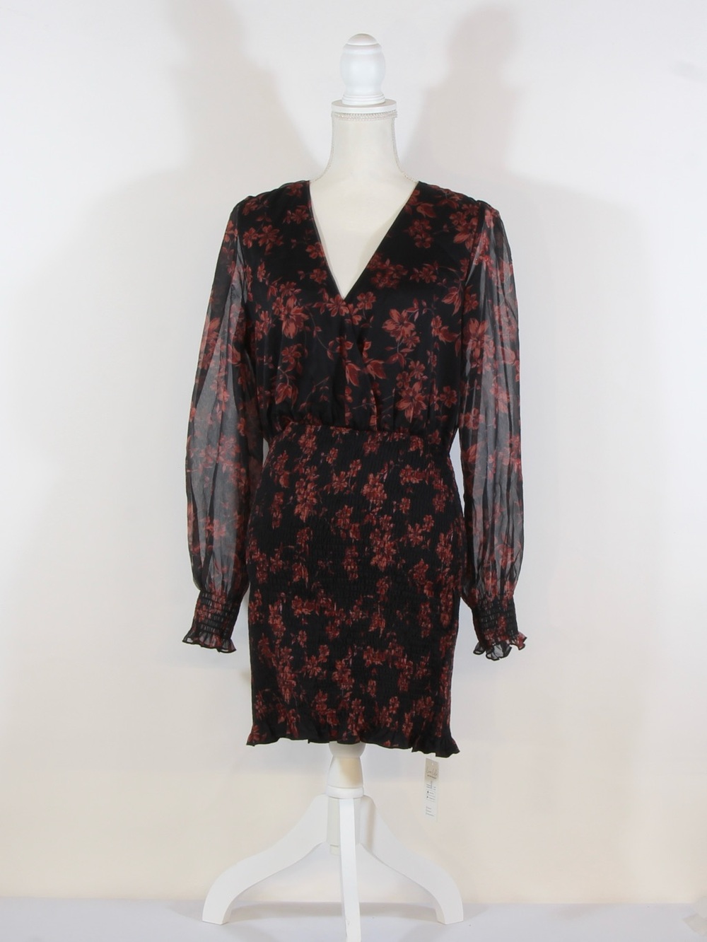 Cupshe Dark Romance Black Burgundy Long-Sleeve V-Neck Floral Mini Dress NWT